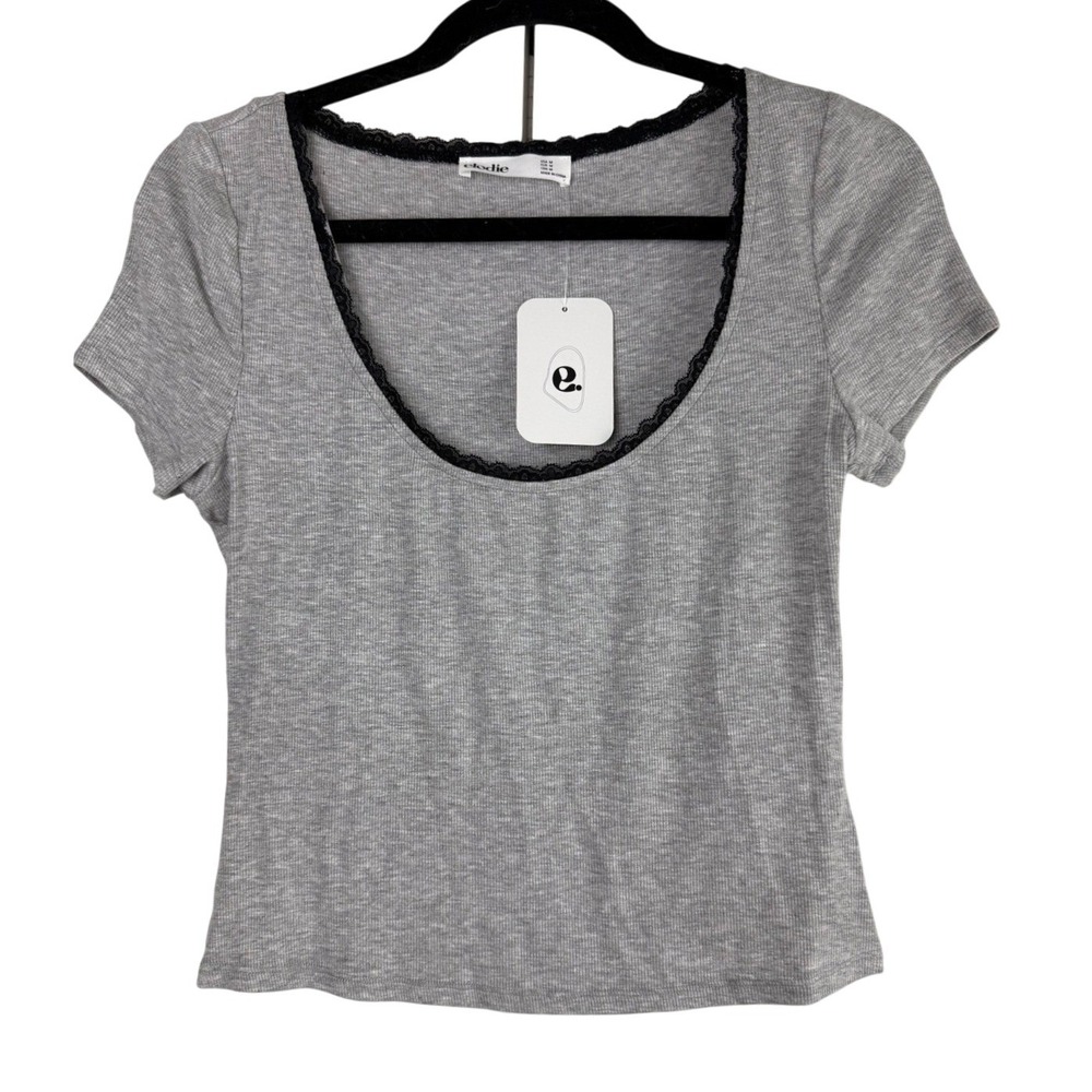 Elodie Grey Ribbed Top Lace Trim Scoop Neck Coquette Y2K Basic NWT Med